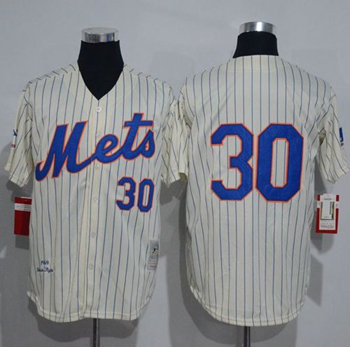 Mitchell And Ness 1969 Mets #30 Nolan Ryan Cream(Blue Strip) Throwback Stitched MLB Jersey - Click Image to Close